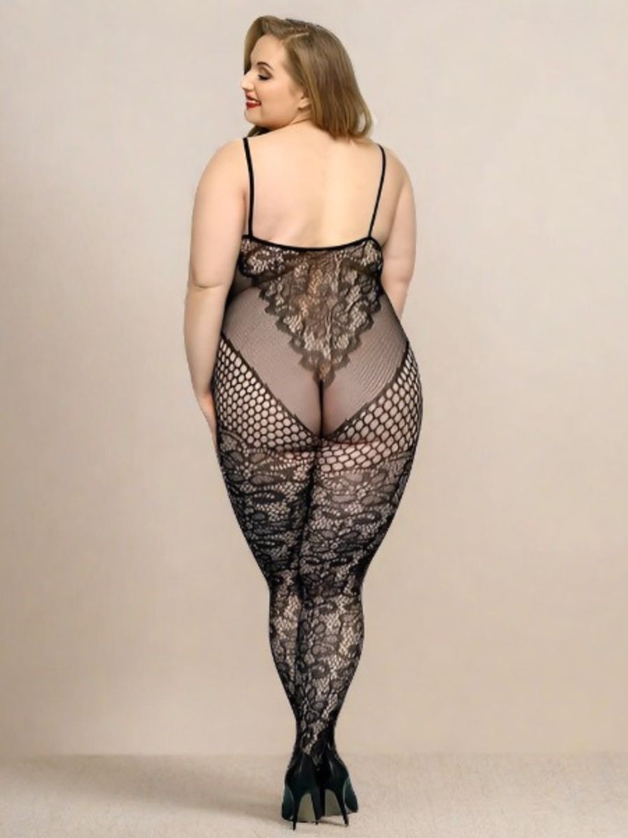 Ολόσωμο Μαύρο Plus Size Bodystocking με Φλοράλ Μοτίβο 🌹