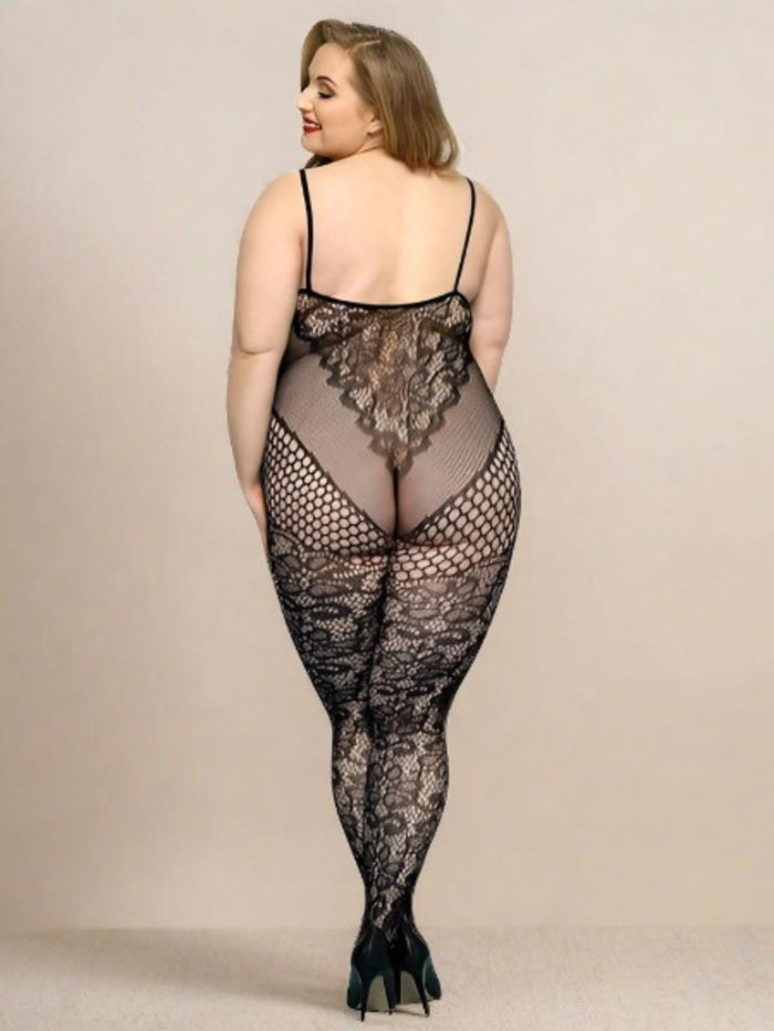 Ολόσωμο Μαύρο Plus Size Bodystocking με Φλοράλ Μοτίβο 🌹