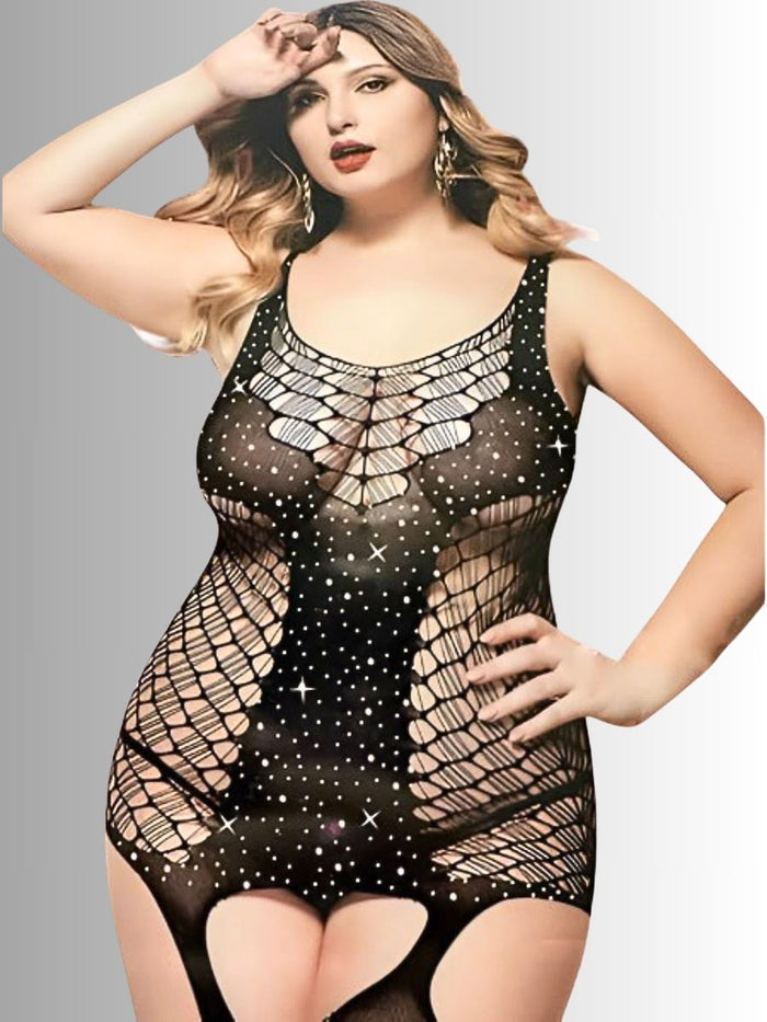 Sexy Plus Size Bodystocking με Strass – Crotchless, Λαμπερό | Juicy String
