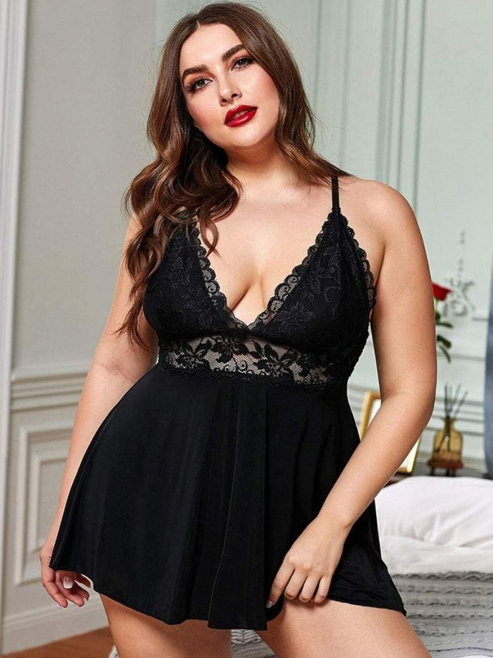 Plus size babydoll με δαντέλα και βαθύ V ντεκολτέ – Juicy String