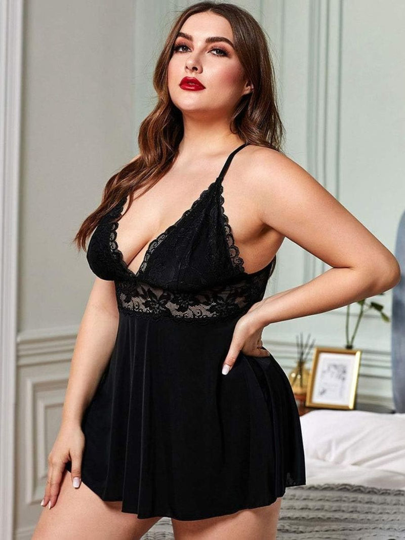 Plus size babydoll με δαντέλα και βαθύ V ντεκολτέ – Juicy String