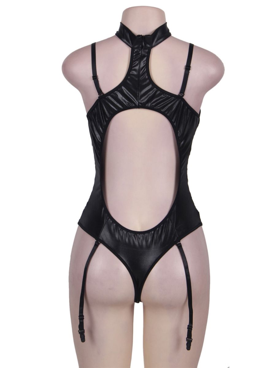 Plus size μαύρο wetlook κορμάκι με choker και ζαρτιέρες – Juicy String