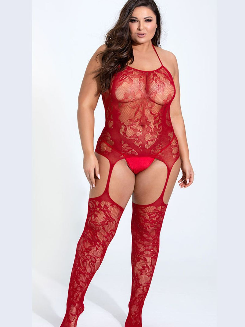 Plus size fishnet bodystocking με floral δαντέλα και crotchless σχέδιο σε 3 χρώματα – Juicy String