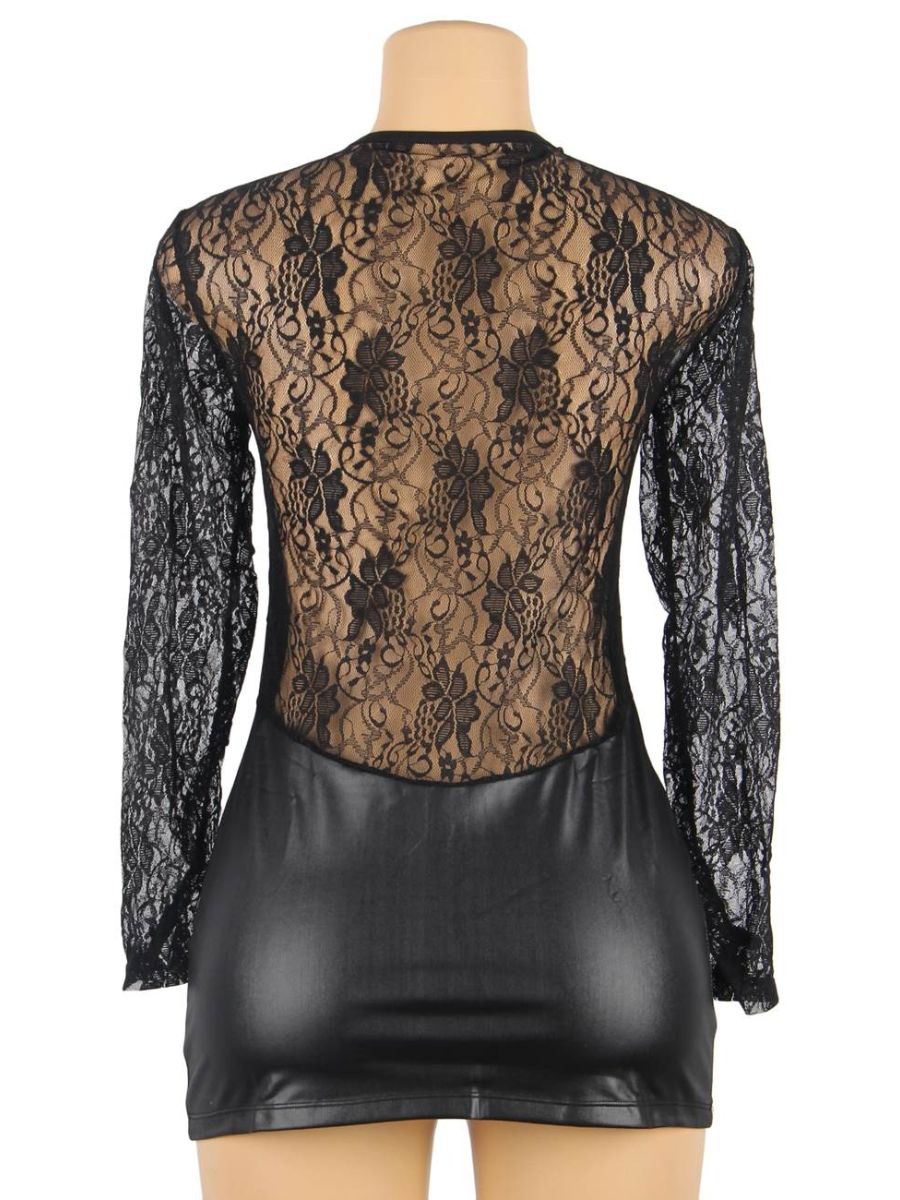 Plus Size μαύρο δερμάτινο lingerie φόρεμα με δαντελένια πλάτη και ασορτί string – Juicy String