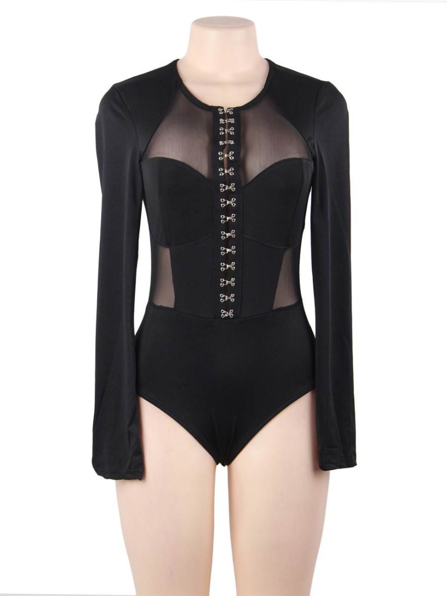 Plus size μαύρο mesh κορμάκι με μακριά μανίκια και γάντζους μπροστά – Juicy String
