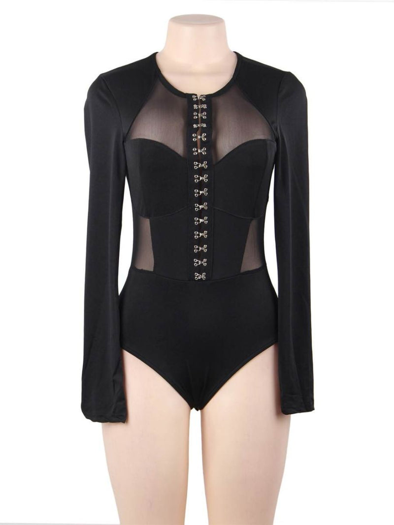 Plus size μαύρο mesh κορμάκι με μακριά μανίκια και γάντζους μπροστά – Juicy String