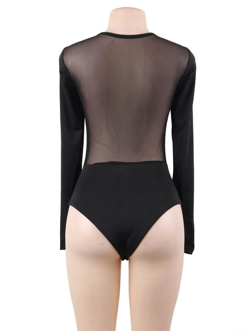 Plus size μαύρο mesh κορμάκι με μακριά μανίκια και γάντζους μπροστά – Juicy String