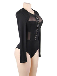 Plus size μαύρο mesh κορμάκι με μακριά μανίκια και γάντζους μπροστά – Juicy String