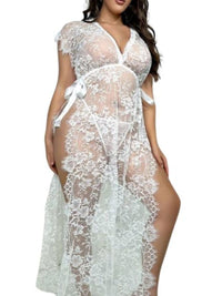 Plus Size Λευκό Δαντελένιο Μακρύ Νυχτικό και String