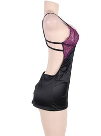 Plus size μωβ σατέν babydoll με δαντελένιο στήθος και strappy ανοιχτή πλάτη – Juicy String

