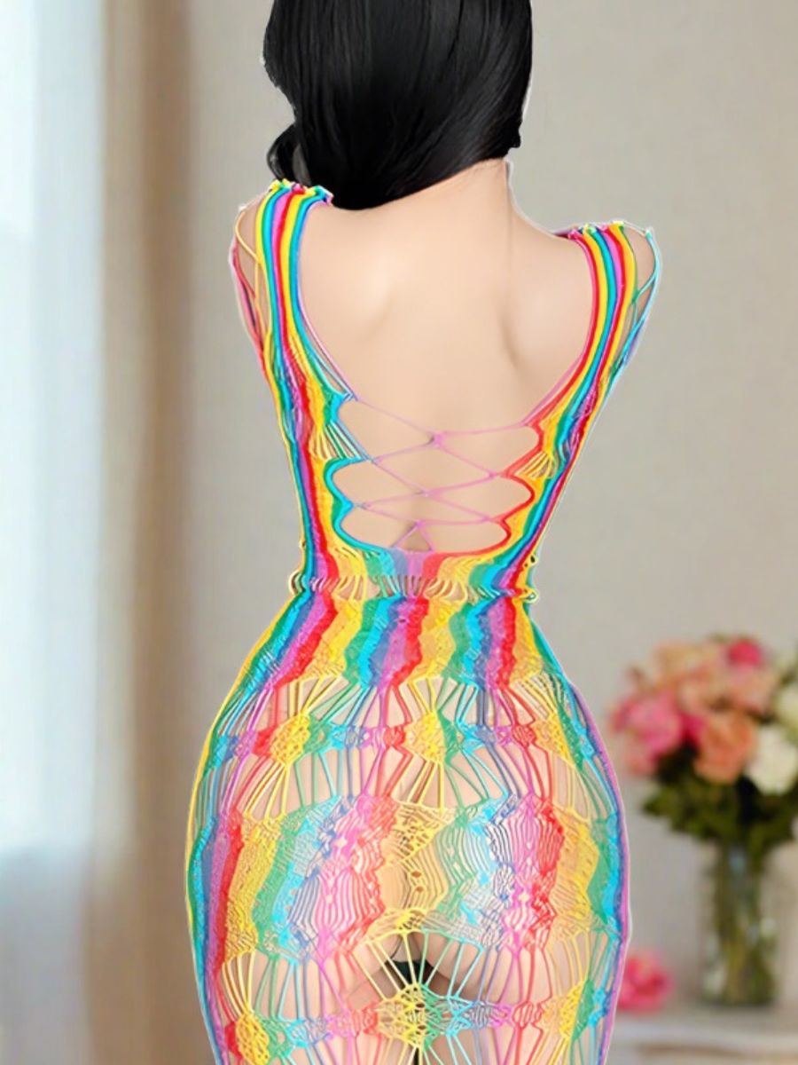 Διχτυωτό Φόρεμα Rainbow Εξώπλατο με Χιαστί Σχέδια