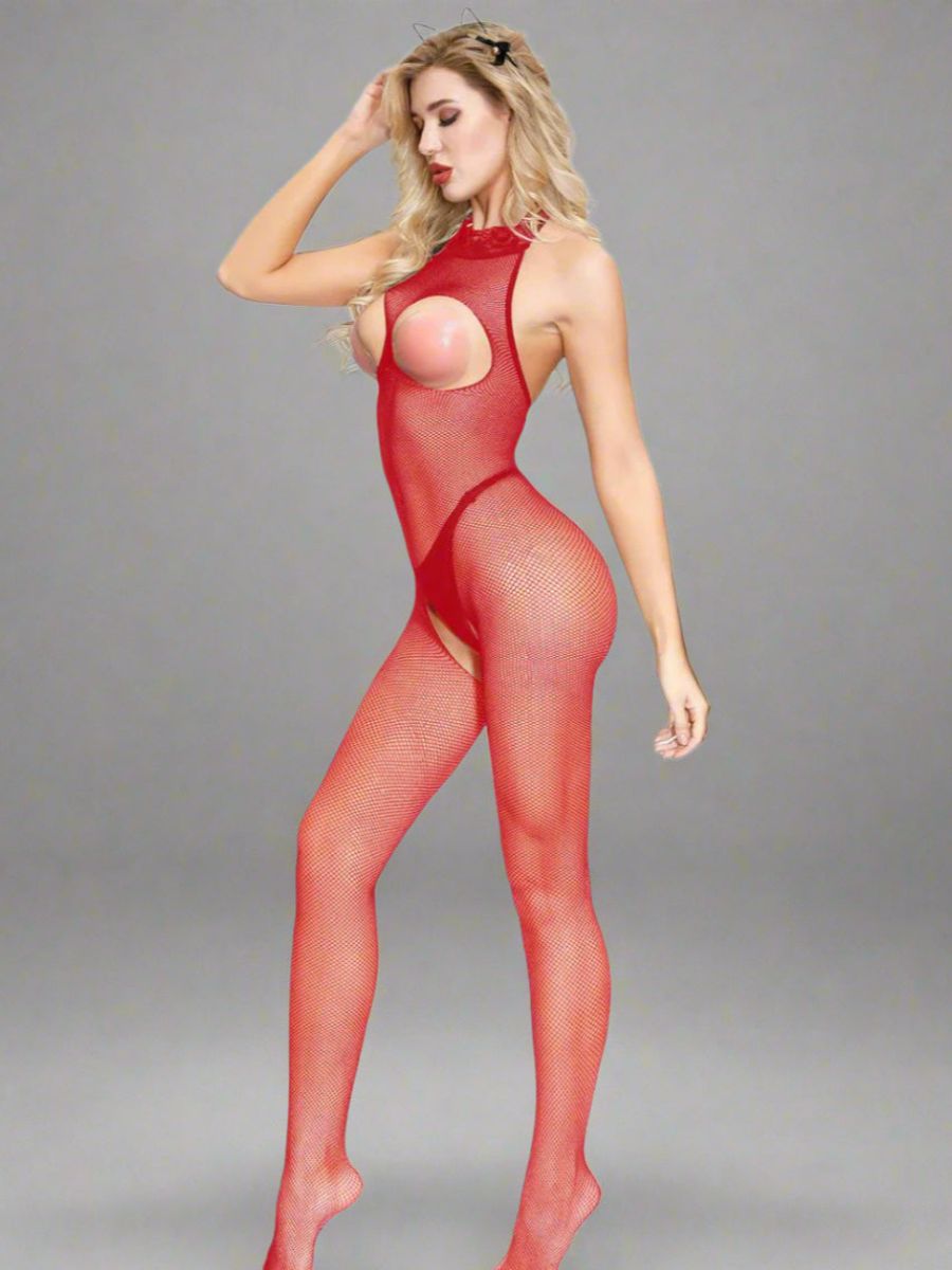 Κόκκινο ολόσωμο bustless bodystocking από διάφανο mesh – Juicy String