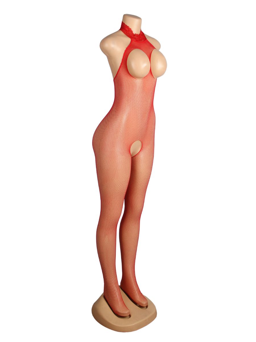 Κόκκινο ολόσωμο bustless bodystocking από διάφανο mesh – Juicy String