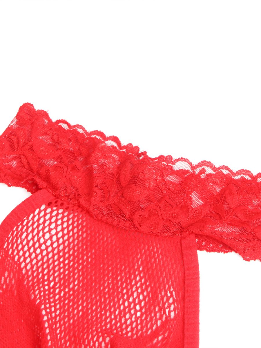 Κόκκινο διχτυωτό ολόσωμο κορμάκι με halter λαιμό & ανοιχτό καβάλο – Juicy String