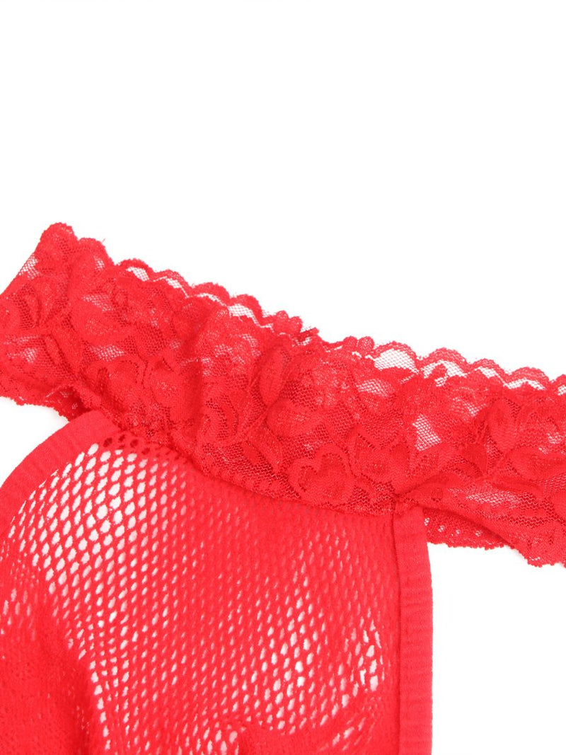 Κόκκινο διχτυωτό ολόσωμο κορμάκι με halter λαιμό & ανοιχτό καβάλο – Juicy String