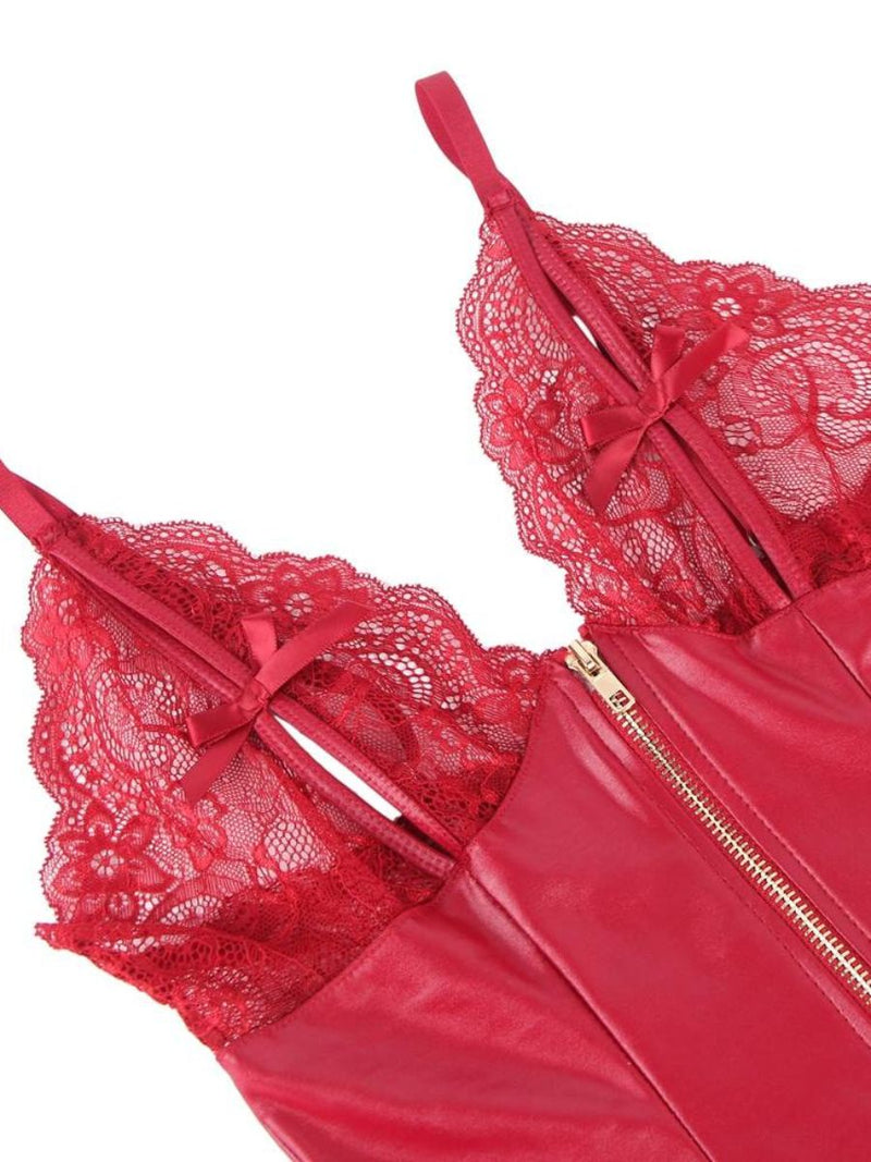 Plus size κόκκινο δερμάτινο teddy με δαντέλα, φερμουάρ και open cup – Juicy String

