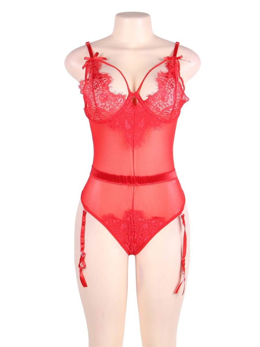 Κόκκινο teddy lingerie από mesh με eyelash δαντέλα και ζαρτιέρες – Juicy String