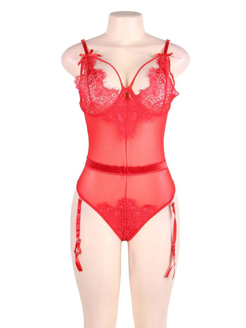Κόκκινο teddy lingerie από mesh με eyelash δαντέλα και ζαρτιέρες – Juicy String