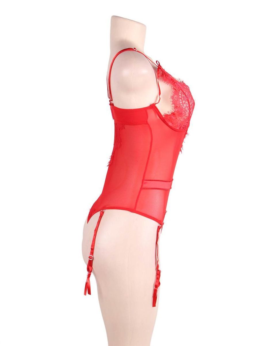 Κόκκινο teddy lingerie από mesh με eyelash δαντέλα και ζαρτιέρες – Juicy String