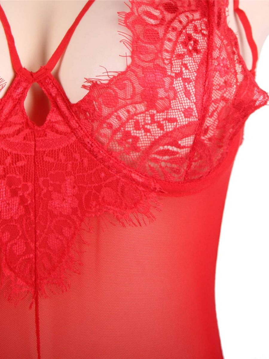 Κόκκινο teddy lingerie από mesh με eyelash δαντέλα και ζαρτιέρες – Juicy String
