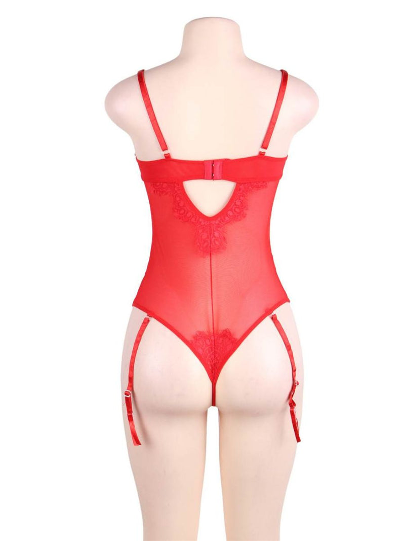 Κόκκινο teddy lingerie από mesh με eyelash δαντέλα και ζαρτιέρες – Juicy String
