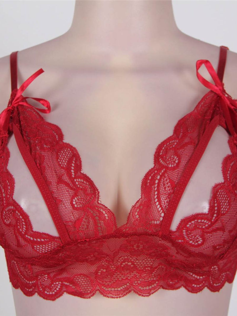 Κόκκινο σετ με ανοιχτό σουτιέν και crotchless δαντελένιο σορτσάκι – Juicy String
