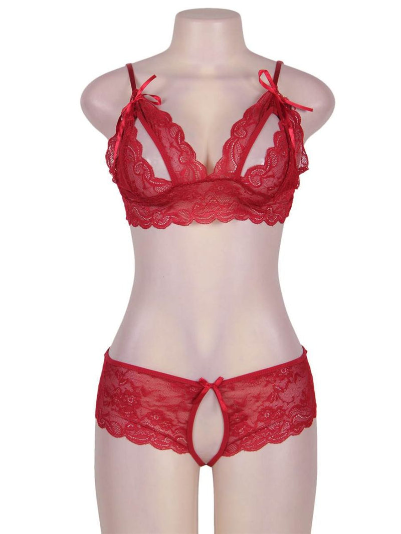 Κόκκινο σετ με ανοιχτό σουτιέν και crotchless δαντελένιο σορτσάκι – Juicy String