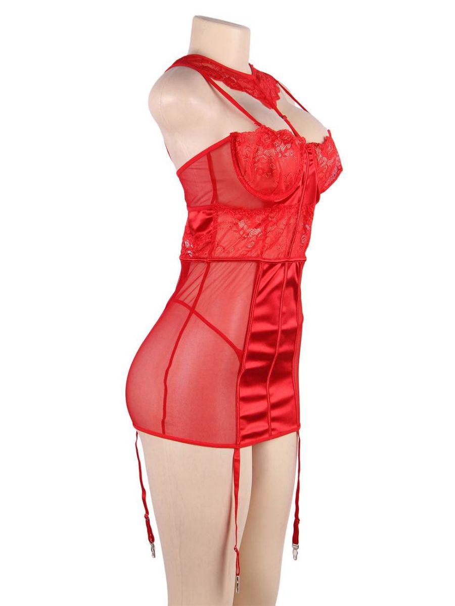 Κόκκινο σατέν babydoll με δαντέλα και μπανέλα – Juicy String