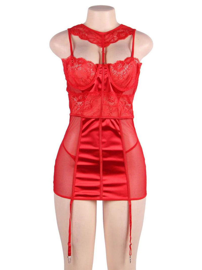 Κόκκινο σατέν babydoll με δαντέλα και μπανέλα – Juicy String
