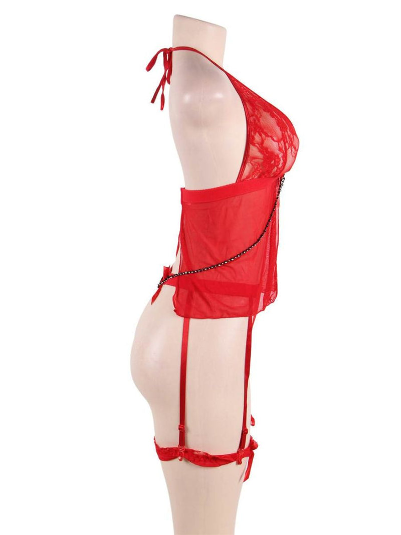 Κόκκινο διαφανές babydoll σετ με φιόγκο μπροστά – Juicy String