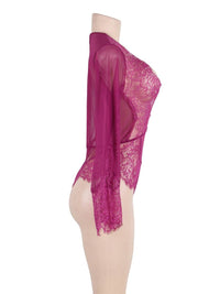 Rose Red Lace Long Sleeve Teddy με Deep V | Sexy Bodysuit | Juicy String