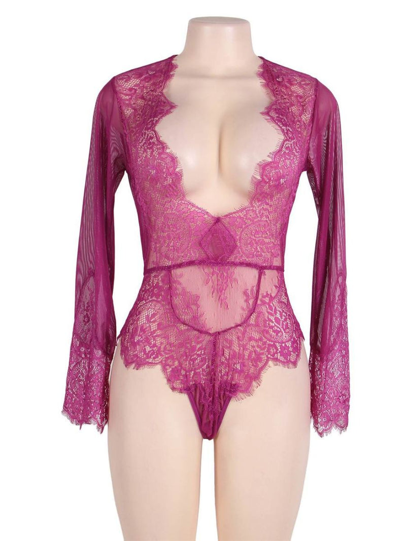 Rose Red Lace Long Sleeve Teddy με Deep V | Sexy Bodysuit | Juicy String