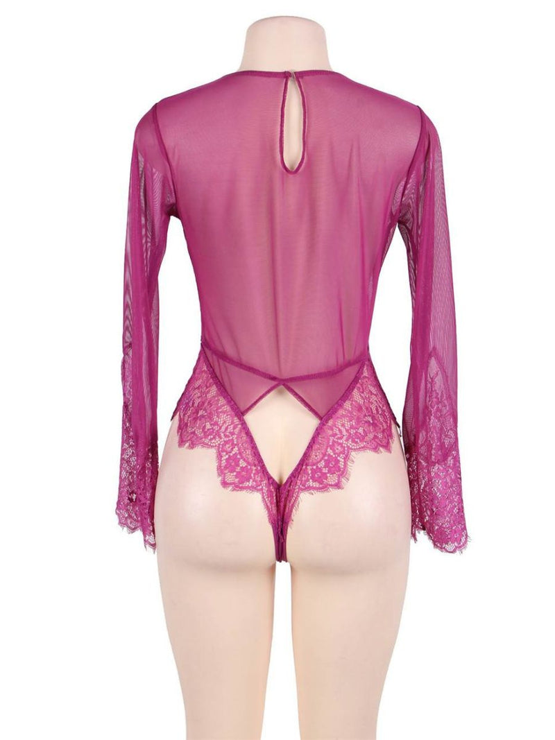 Rose Red Lace Long Sleeve Teddy με Deep V | Sexy Bodysuit | Juicy String