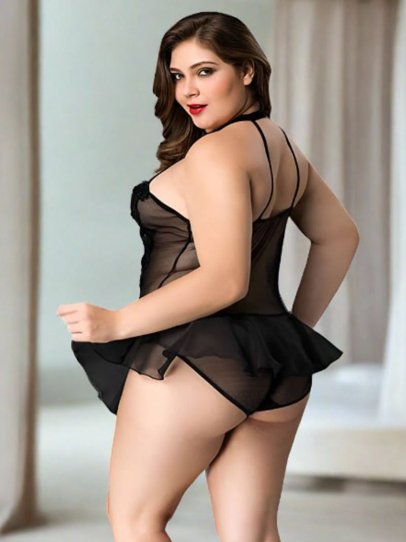 Plus Size See Through Κορμάκι με Σχέδιο από Κέντημα