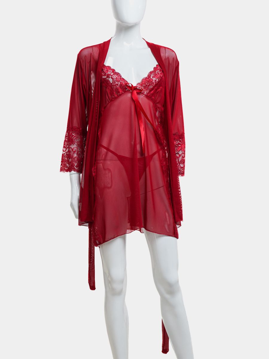 Set Babydoll με ρόμπα από see through ύφασμα και δαντέλα, One Size, για ρομαντικές και σέξι στιγμές – Juicy String
