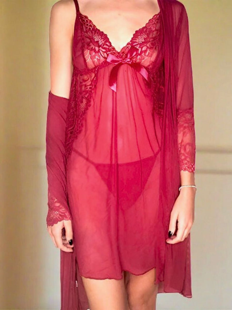 Set Babydoll με Ρόμπα από See Through Ύφασμα και Δαντέλα