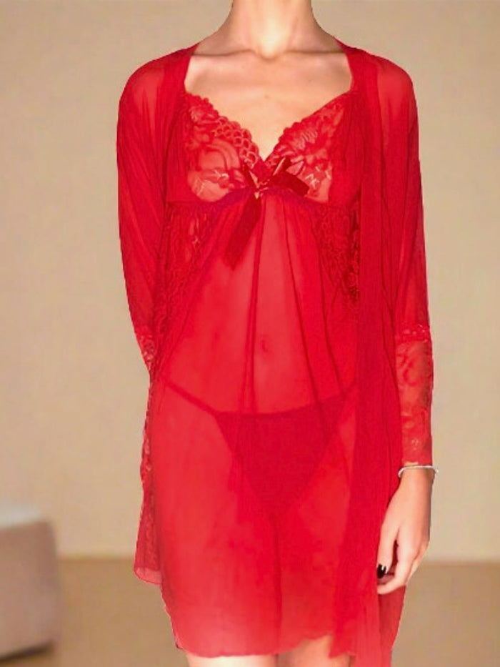 Set Babydoll με Ρόμπα από See Through Ύφασμα και Δαντέλα