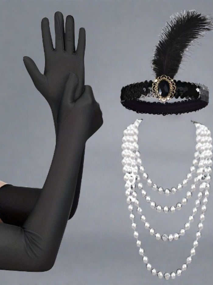 Set για Look 1920 με Πέρλες και Γάντια Σατέν μέχρι τον Αγκώνα