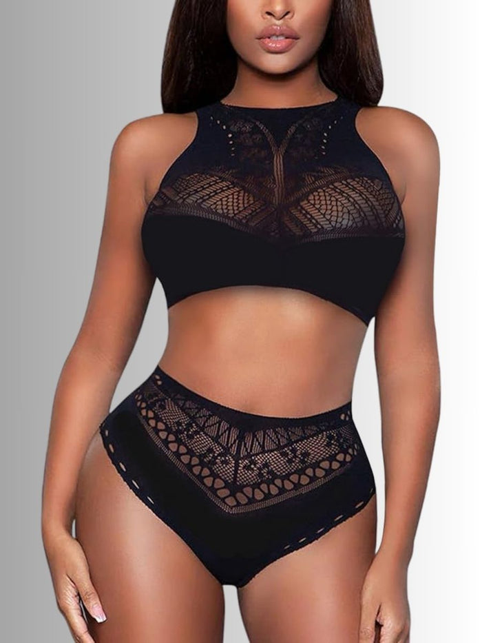 Sexy μαύρο lingerie bodystocking set με top και σλιπ – Juicy String