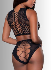 Sexy μαύρο lingerie bodystocking set με top και σλιπ – Juicy String