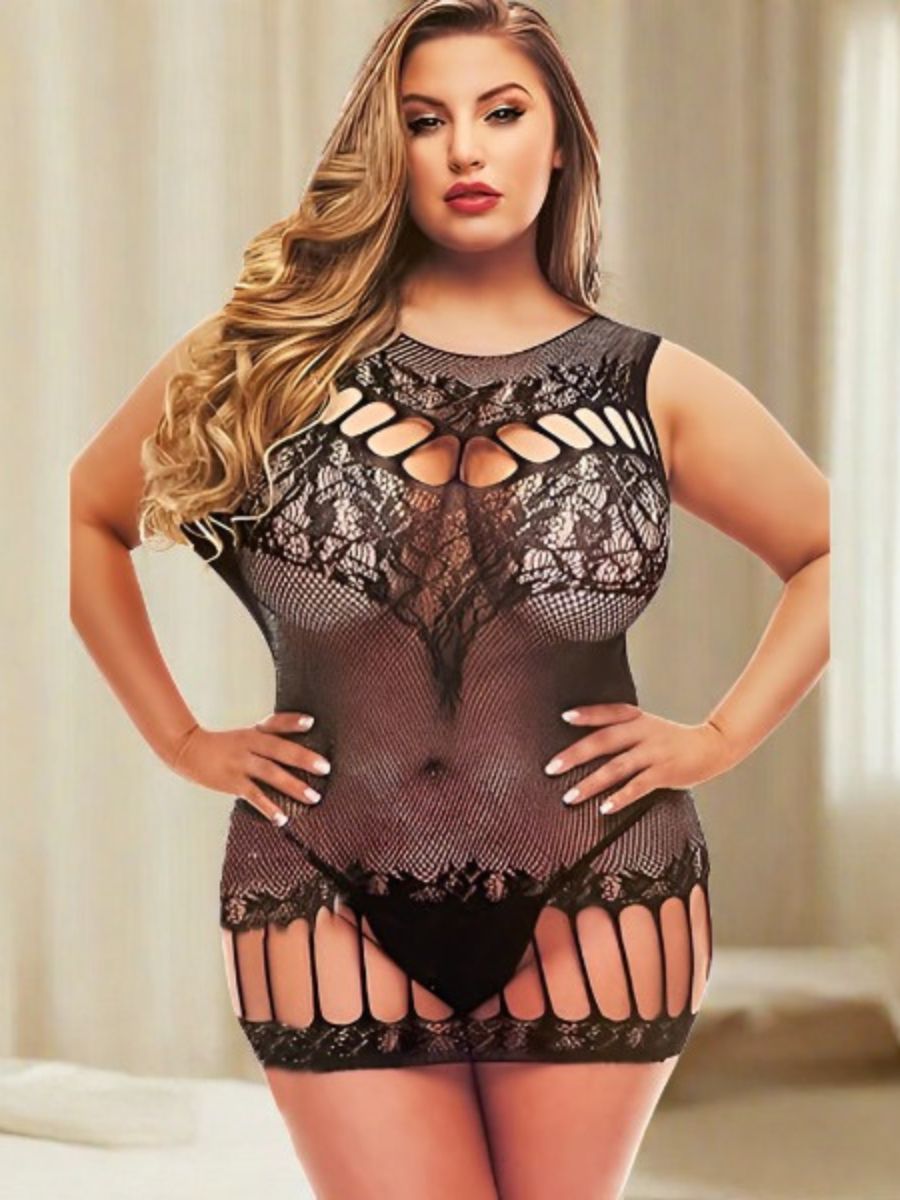 Sexy Διχτυωτό Μαύρο Babydoll Plus Size με Σκισίματα
