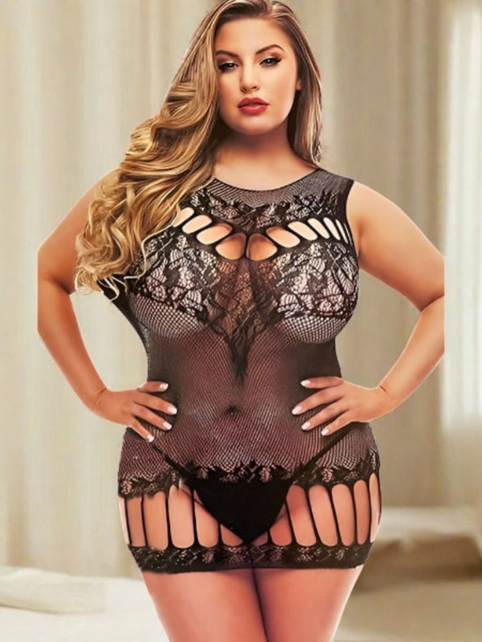 Sexy Διχτυωτό Μαύρο Babydoll Plus Size με Σκισίματα
