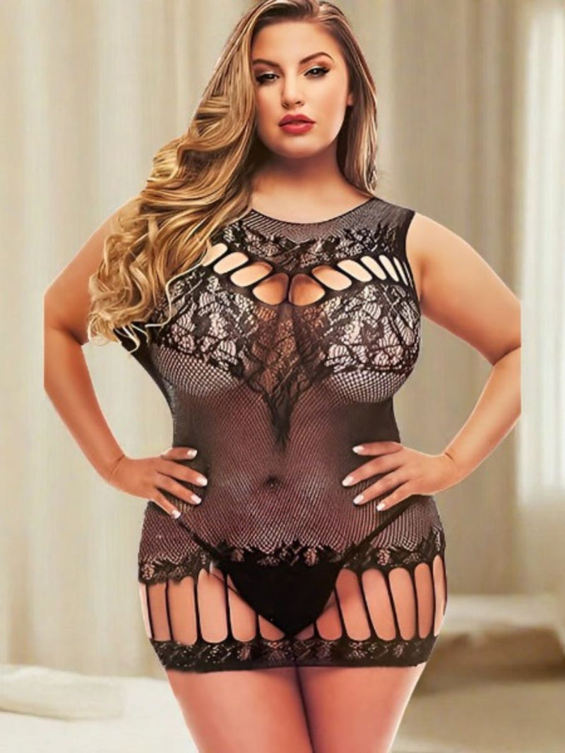 Sexy Διχτυωτό Μαύρο Babydoll Plus Size με Σκισίματα