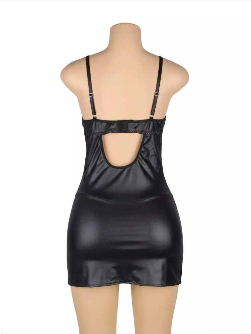Μαύρο mini φόρεμα με δαντέλα και δέρμα – Juicy String