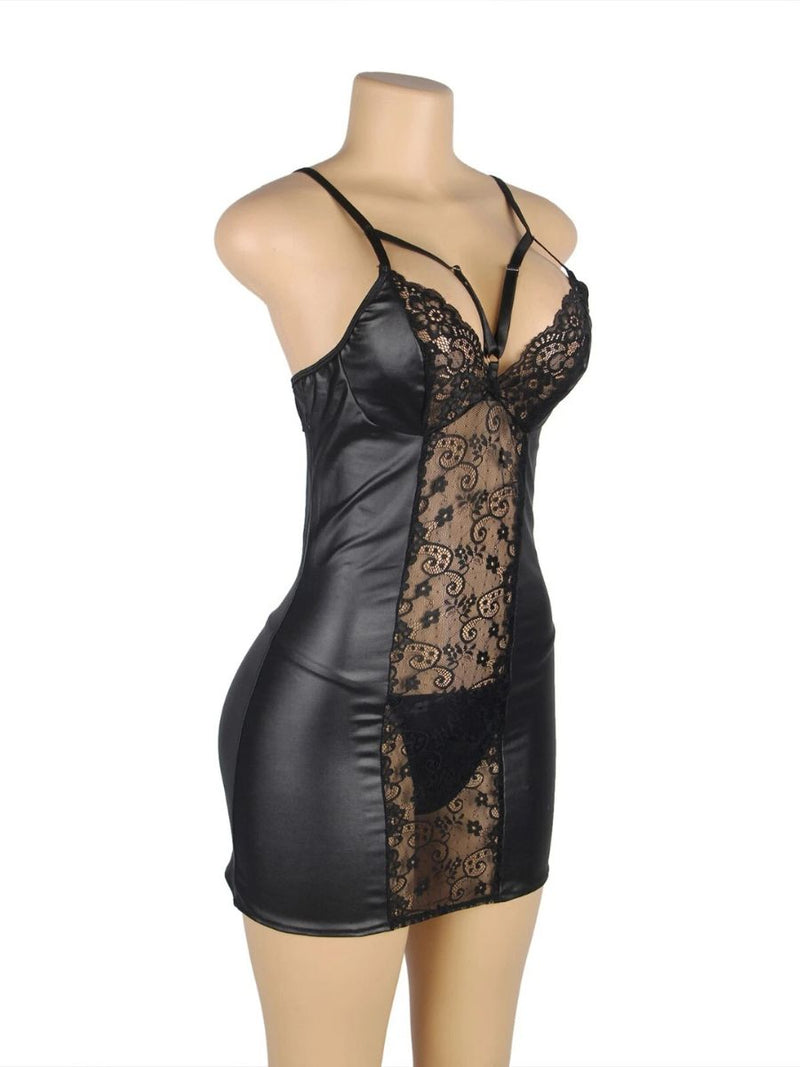 Μαύρο mini φόρεμα με δαντέλα και δέρμα – Juicy String