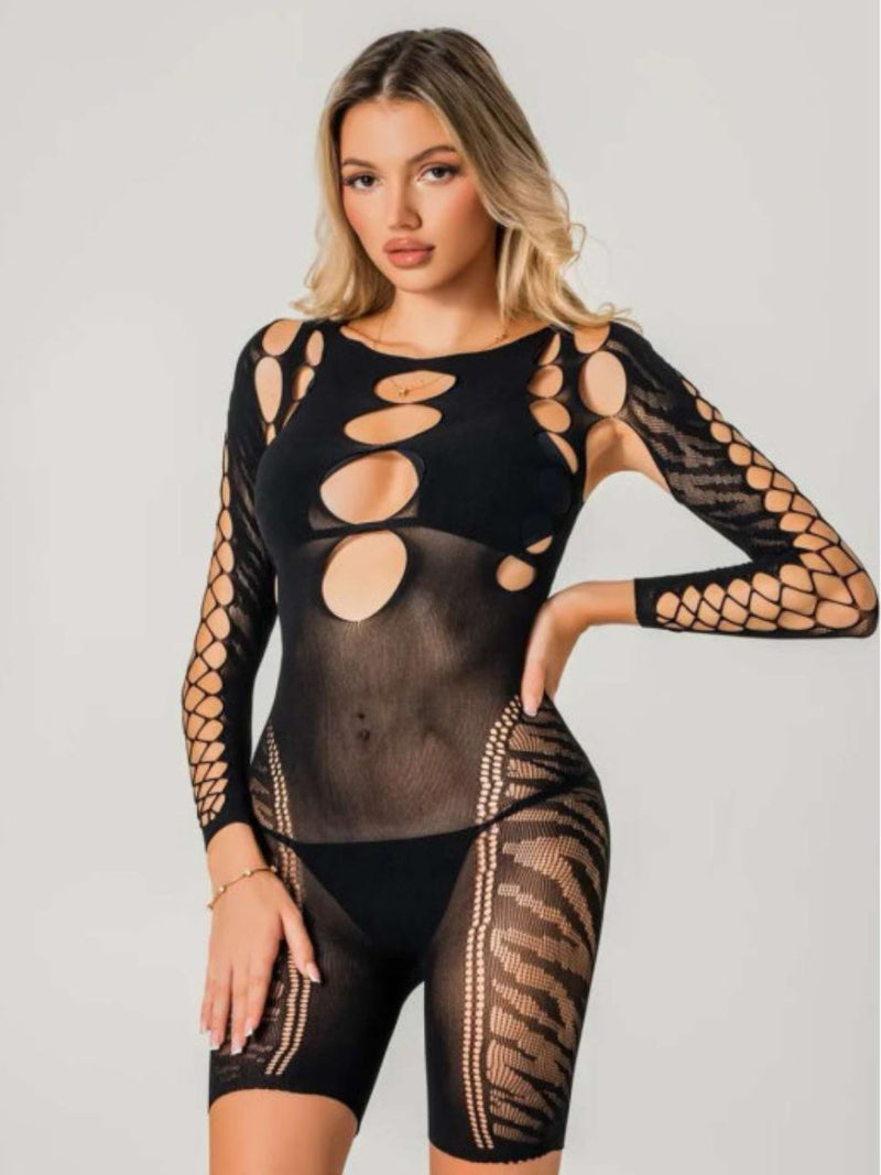 Sexy Ολόσωμο Διχτυωτό Bodystocking Σορτς – Μακρυμάνικο