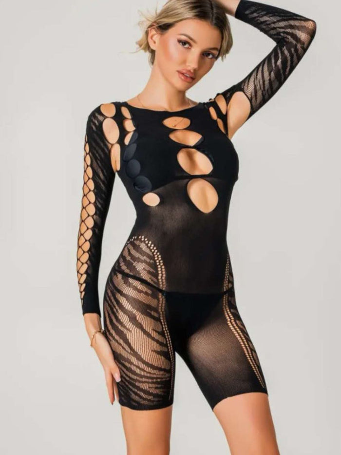 Sexy Ολόσωμο Διχτυωτό Bodystocking Σορτς – Μακρυμάνικο