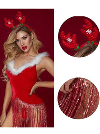 Βελούδινη Στολή Christmas Girl με Λαμπερά Κρόσσια και Αυτάκια Ταράνδου