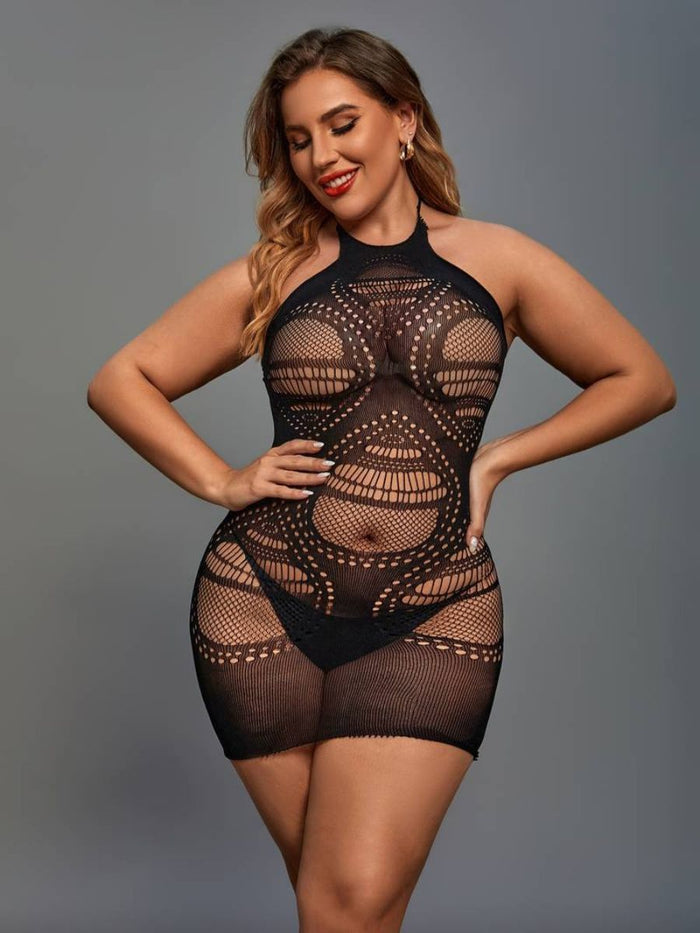 Σέξι Διχτυωτό Φόρεμα Plus Size με Halter Σχέδιο και Strass