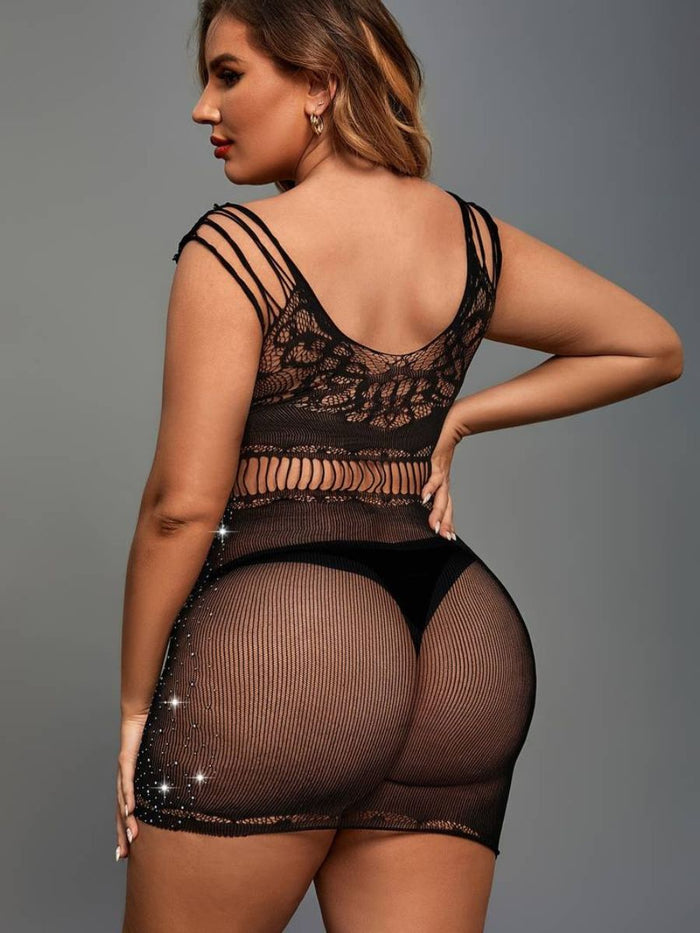 Σέξι Διχτυωτό Φόρεμα Plus Size με Hollow Out Σχέδιο και Strass